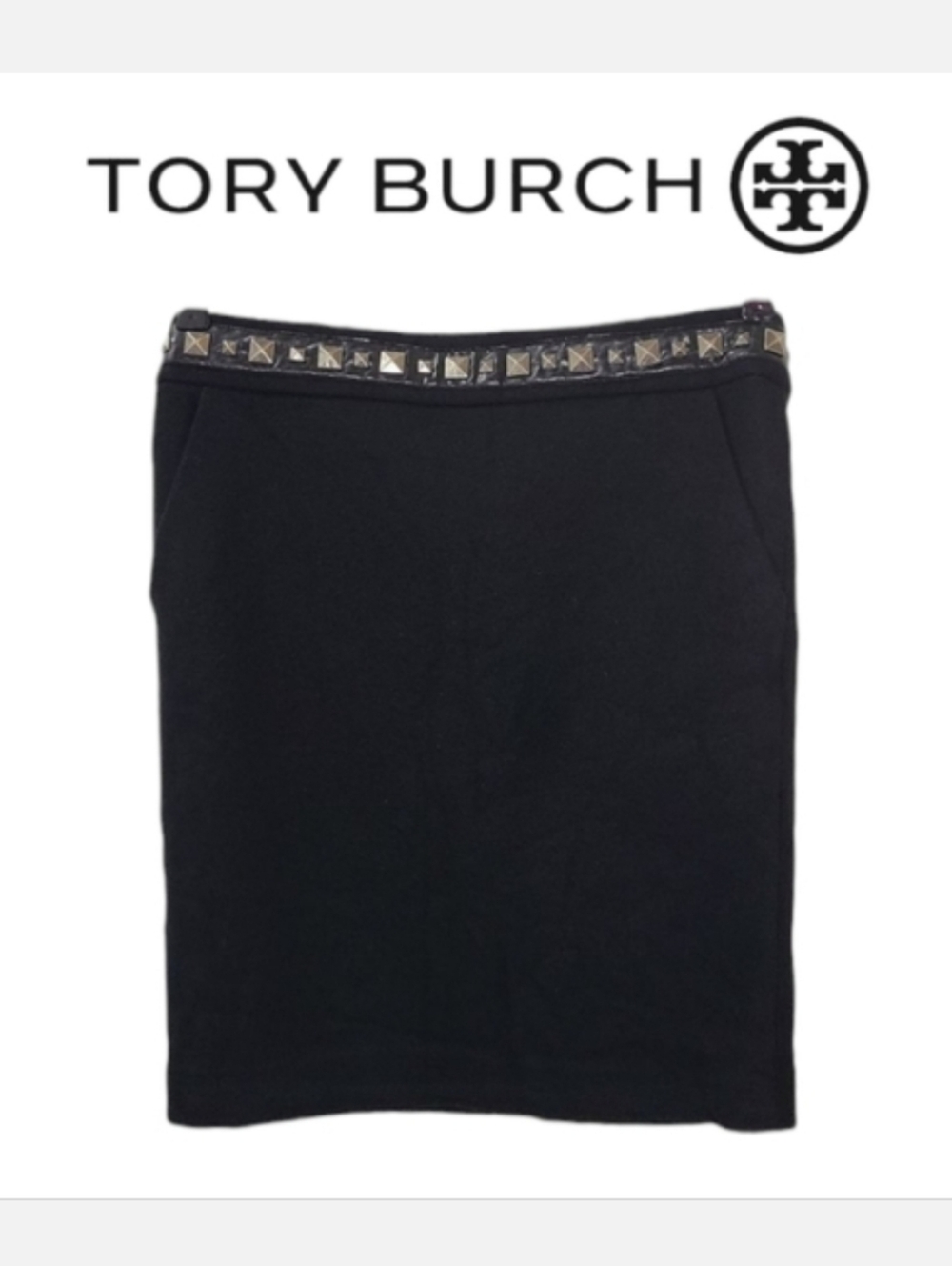 Tory Burch Black Wool Skirt Straight Fit Leather & Stud Trim Sz M Classiccore